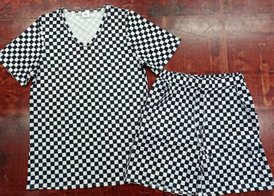 Preorder moq 5 Adult Women Short Sleeves Black White Plaid Top Pockets Short Pajamas Set