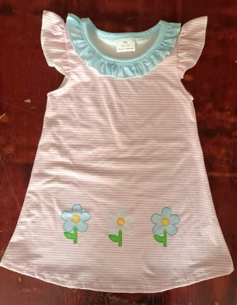 Preorder moq 5 Baby Girls Peach Stripe Flutter Sleeves Flowers Knee Length Dress