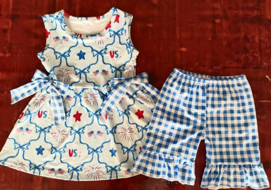 Preorder moq 5 Baby Girls Sleeveless Blue Bows Flags Tunic Ruffle Plaid Short Set
