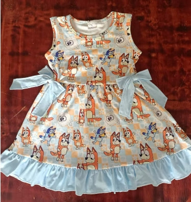 Preorder moq 5 Baby Girls Sleeveless Cartoon Dogs Bows Knee Length Dress