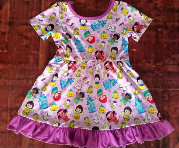 Preorder moq 5 Baby Girls Pink Short Sleeves Cartoon Dolls Knee Length Dress