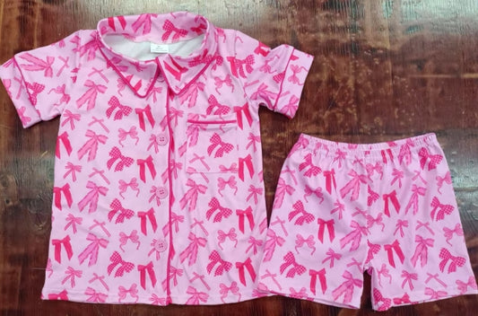 Preorder moq 5 Baby Girls Short Sleeves Pink Bows Button Pocket Top Short Pajamas Set