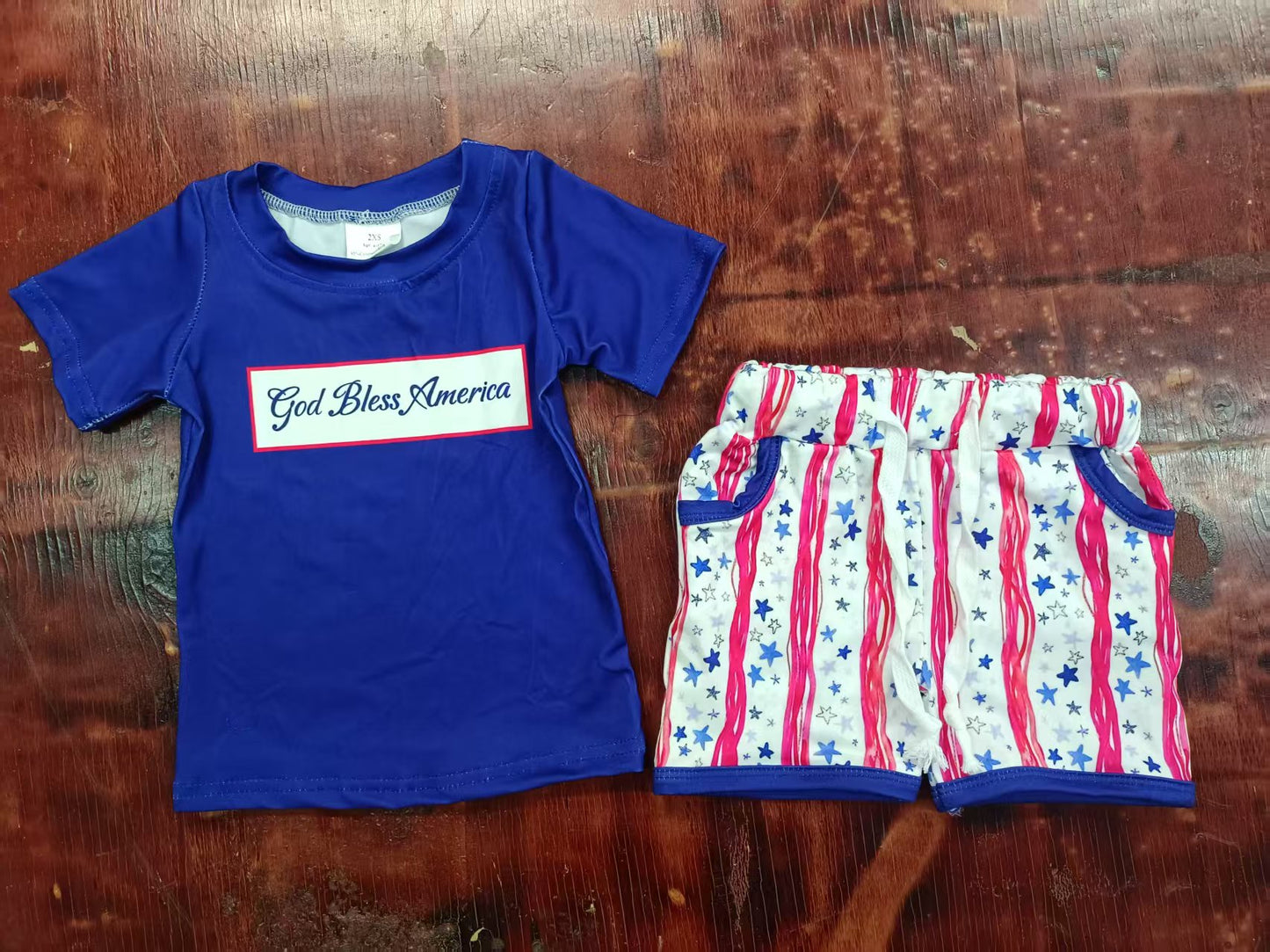 Preorder moq 5 Baby Boys Hot Blue God Bless America Top Stars Pockets Short 4th Of July Set