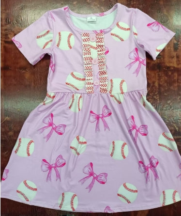 Preorder moq 5 Baby Girls Pink Short Sleeves Baseballs Bows Button Knee Length Dresses