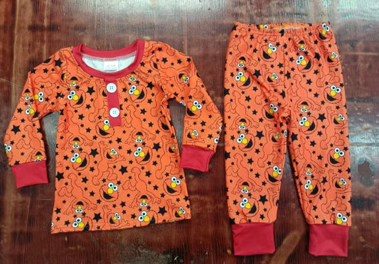 Preorder moq 5 Baby Boys Long Sleeves Orange Cartoon Dogs Stars Button Top Pant Pajamas Set