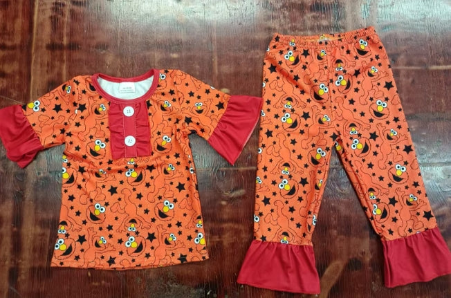 Preorder moq 5 Baby Girls Short Sleeves Orange Cartoon Dogs Stars Button Top Pant Pajamas Set