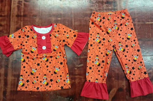 Preorder moq 5 Baby Girls Short Sleeves Orange Cartoon Dogs Stars Button Top Pant Pajamas Set