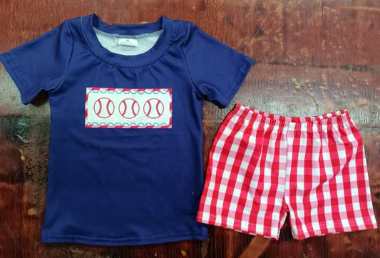 Preorder moq 5 Baby Boys Navy Short Sleeves Baseballs Top Red Plaid Shorts Set
