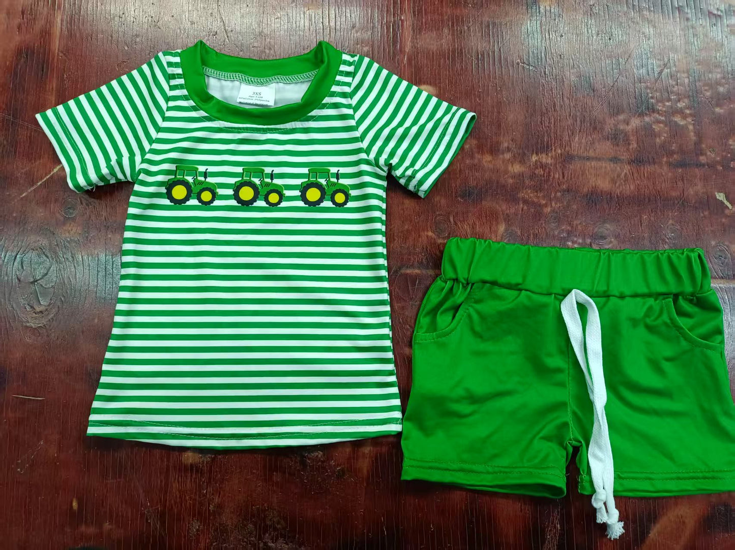 Preorder moq 5 Baby Boys Green Stripe Short Sleeves Trucks Top Pockets Short Farm Set
