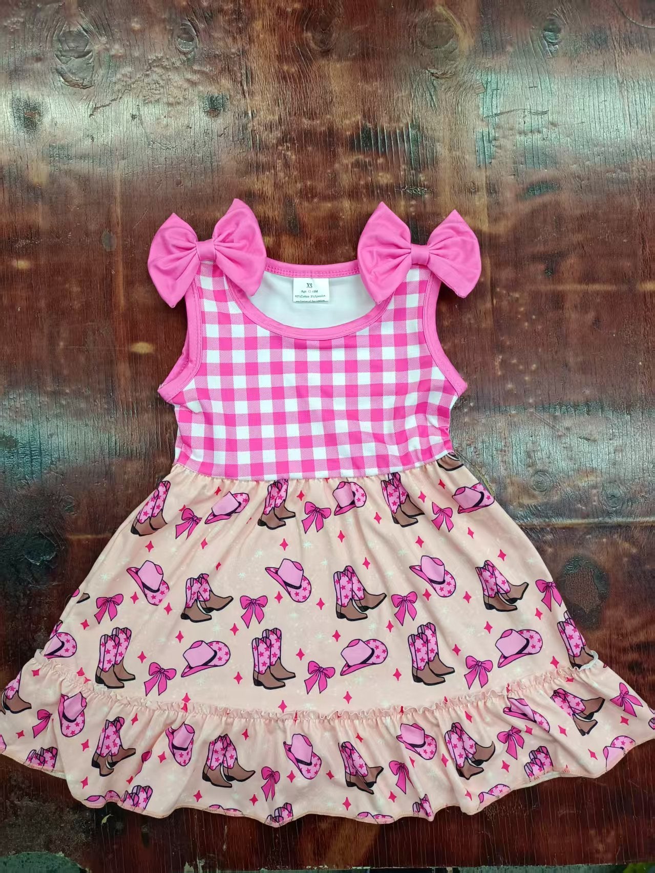 Preorder moq 5 Baby Girls Bows Sleeveless Pink Plaid Hats Boots Knee Length Dresses