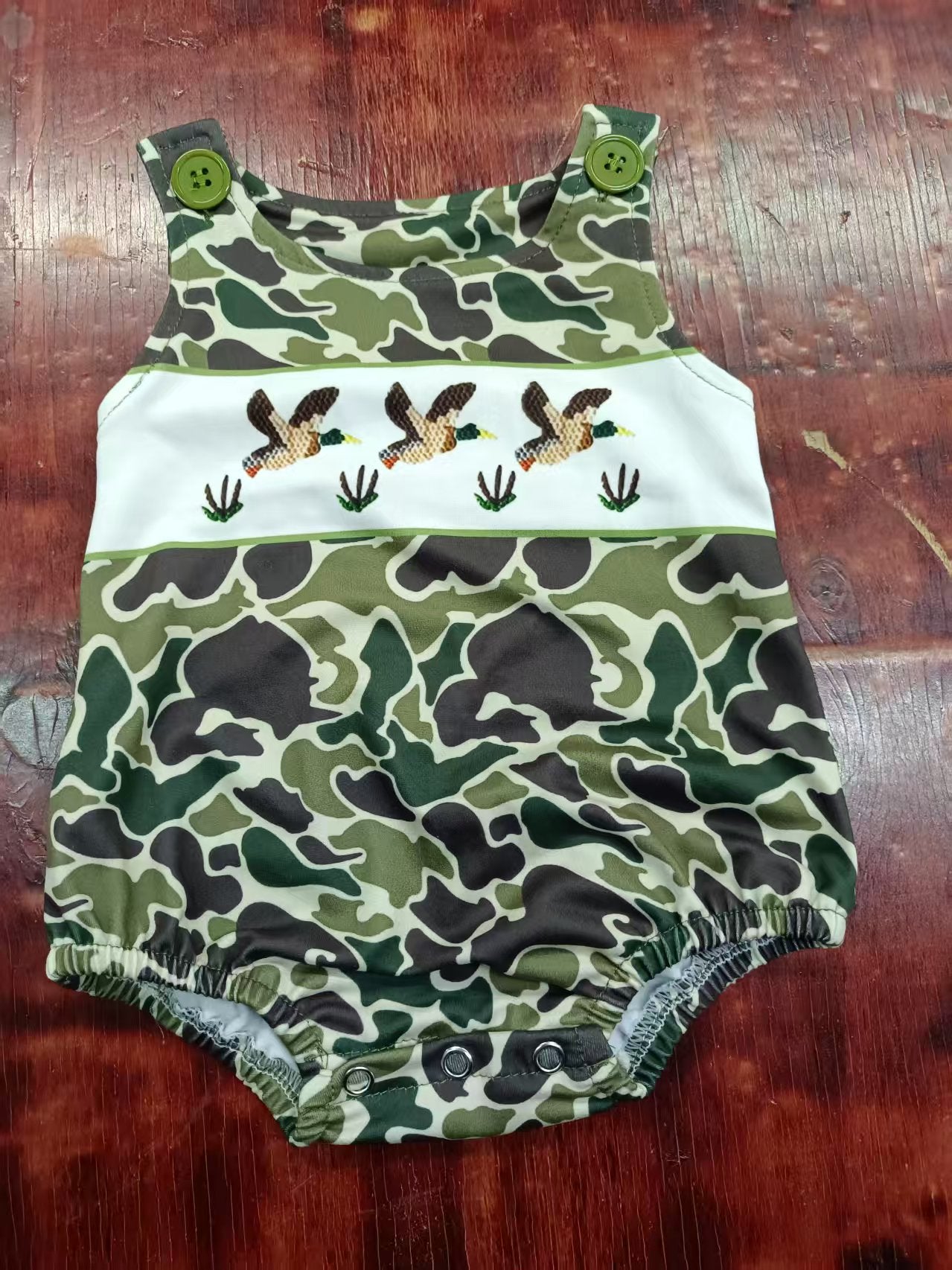 Preorder moq 5 Baby Boys Sleeveless Ducks Green Camo Western Rompers