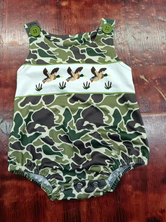 Preorder moq 5 Baby Boys Sleeveless Ducks Green Camo Western Rompers