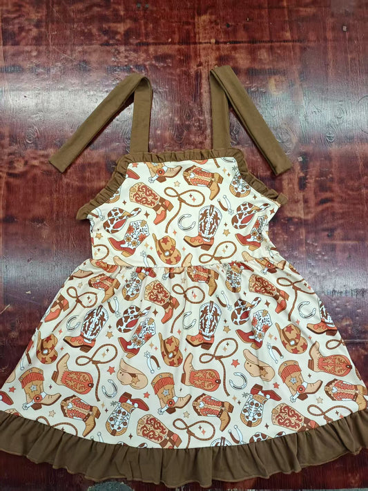 Preorder moq 5 Baby Girls Brown Strap Boots Hats Knee Length Dresses