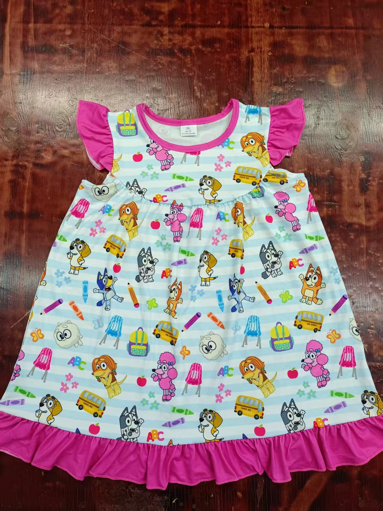Preorder moq 5 Baby Girls Flutter Sleeves Cartoon Dogs Back To School Knee Length Dresses