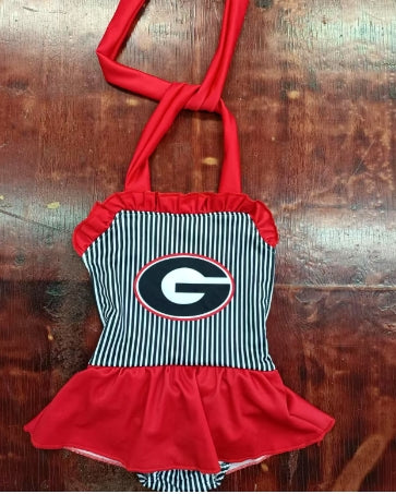 Preorder moq 5 Baby Girls Red Strap Black G Stripe Skort Summer One Piece Swimsuits