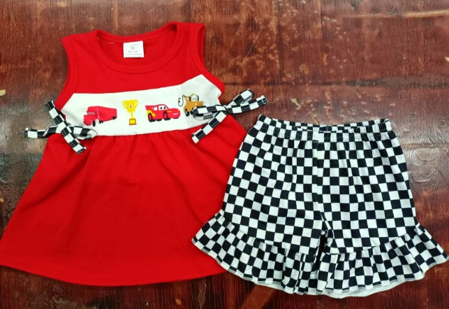Preorder moq 5 Baby Girls Sleeveless Cartoon Cars Tunic Black Plaid Ruffle Shorts Set