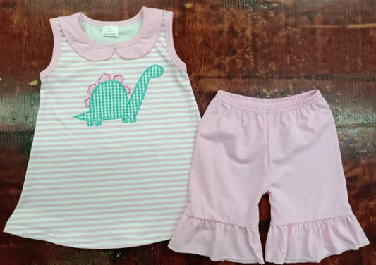 Preorder moq 5 Baby Girls Sleeveless Pink Stripe Dinosaur Tunic Ruffle Shorts Set