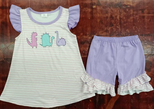Preorder moq 5 Baby Girls Lavender Flutter Sleeves Dinosaurs Stripe Tunic Ruffle Shorts Set