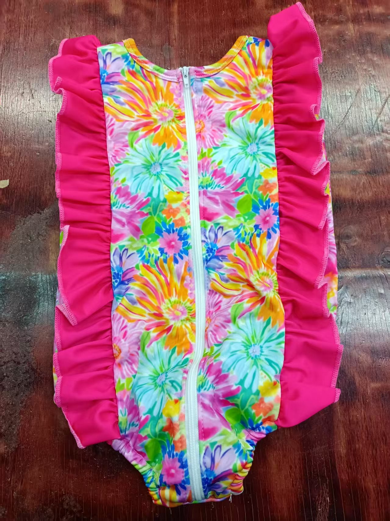 Preorder moq 5 Baby Girls Ruffle Sleeveless Watercolor Floral One Piece Zipper Swimsuits