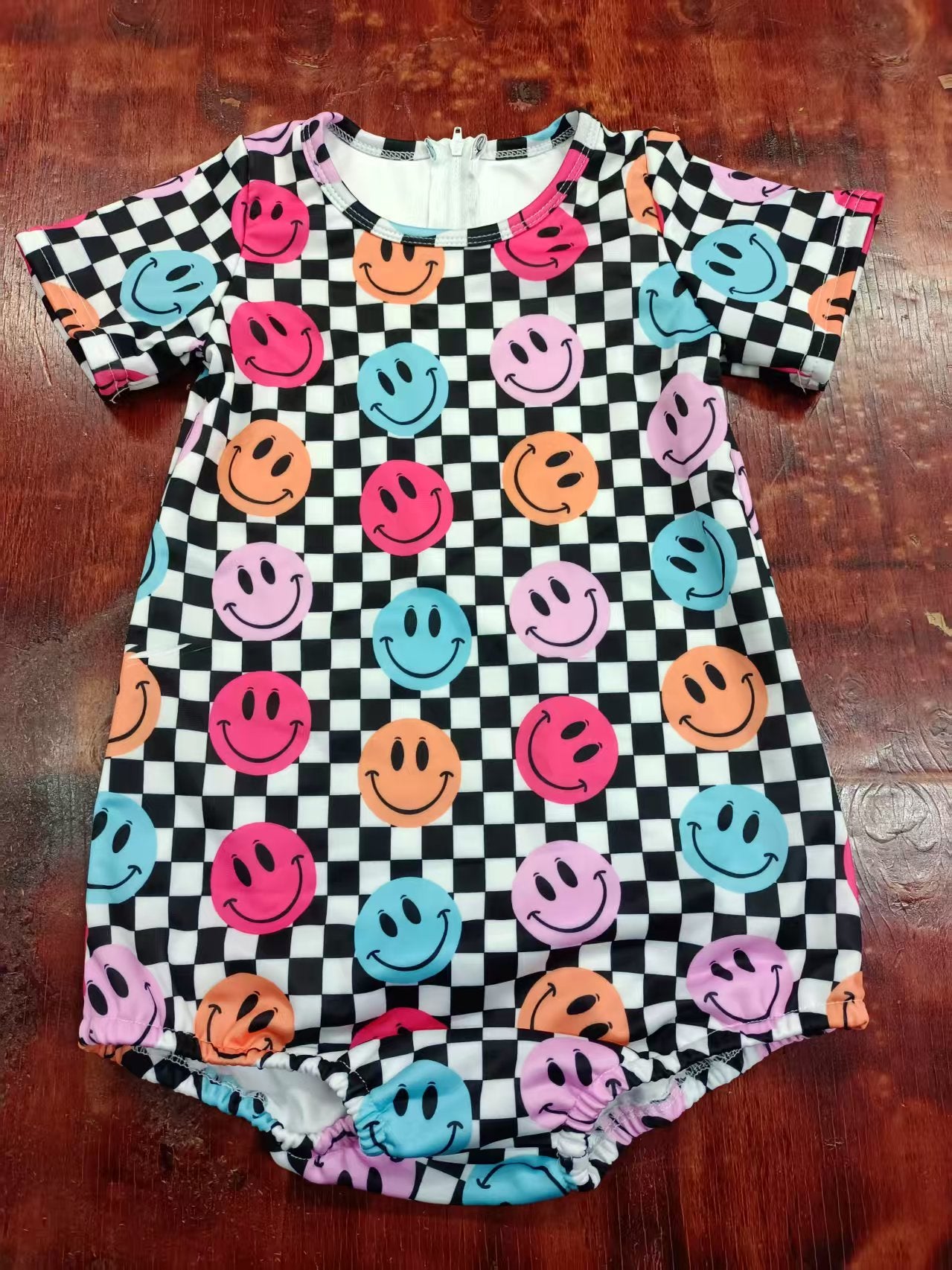 Preorder moq 5 Baby Girls Short Sleeves Black Plaid Colorful Smiles Ruffle Rompers