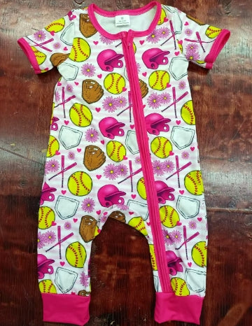 Preorder moq 5 Baby Girls Pink Short Sleeves Baseballs Flowers Zipper Pant Rompers