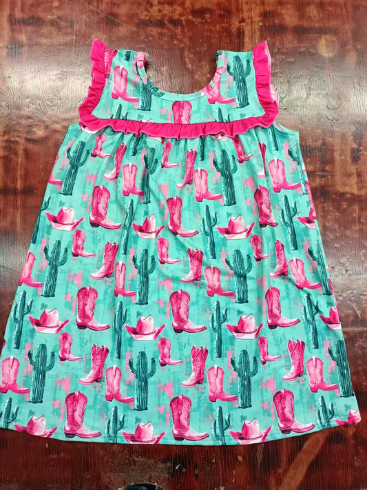 Preorder moq 5 Baby Girls Sleeveless Green Cactus Boots Knee Length Dresses