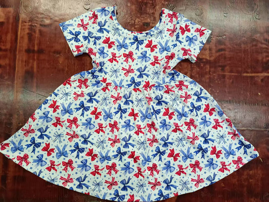 Preorder moq 5 Baby Girls Short Sleeves Blue Red Bows Stars 4th Of July Knee Length Dresses