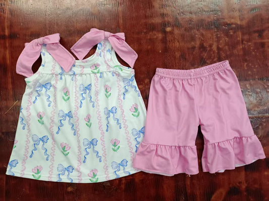 Preorder moq 5 Baby Girls Bows Sleeveless Bows Flowers Tunic Ruffle Short Set