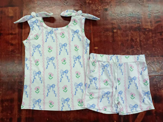 Preorder moq 5 Baby Girls Bows Sleeveless Bows Flowers Top Pockets Short Set