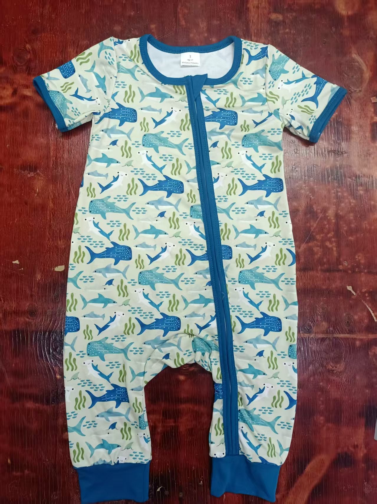 Preorder moq 5 Baby Boys Short Sleeves Sharks Zipper Pant Rompers