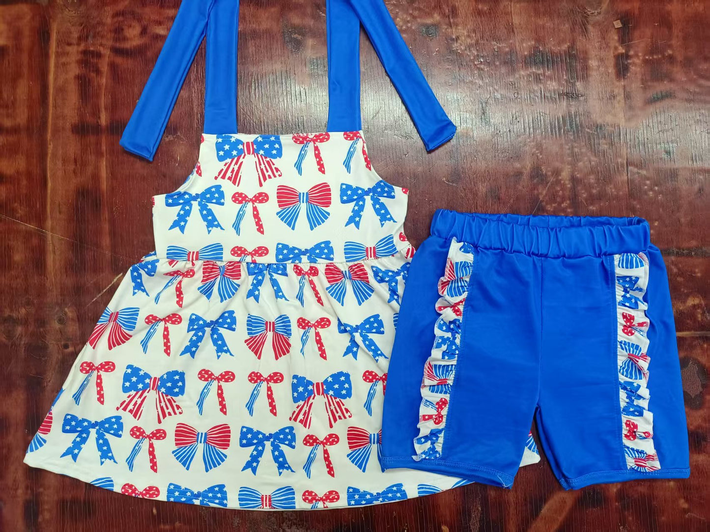 Preorder moq 5 Baby Girls Hot Blue Strap Blue Red Bows Tunic Ruffle Short 4th Of July Set