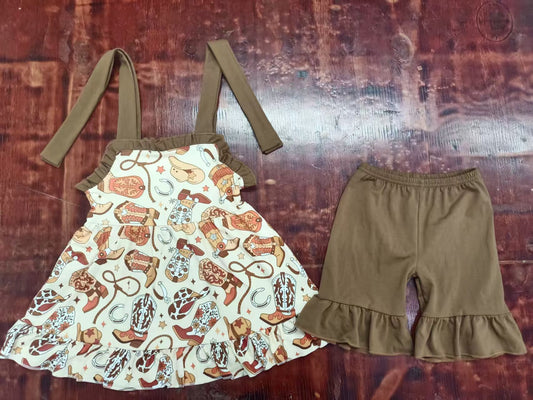 Preorder moq 5 Baby Girls Brown Strap Boots Hats Tunic Ruffle Short Set