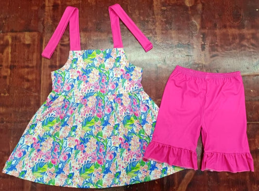 Preorder moq 5 Baby Girls Pink Strap Floral Tunic Ruffle Short Set