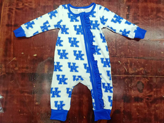 Preorder moq 5 Baby Girls Long Sleeves Blue UK Ruffle Zipper Rompers