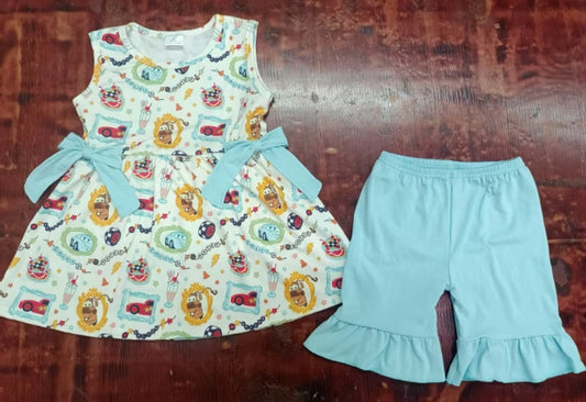 Preorder moq 5 Baby Girls Sleeveless Cartoon Cars Bows Tunic Ruffle Short Set