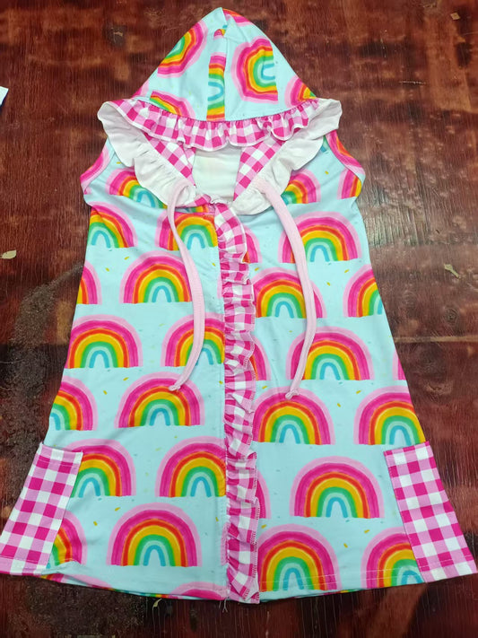 Preorder moq 5 Baby Girls Sleeveless Rainbows Plaid Pockets Zipper Knee Length Dresses