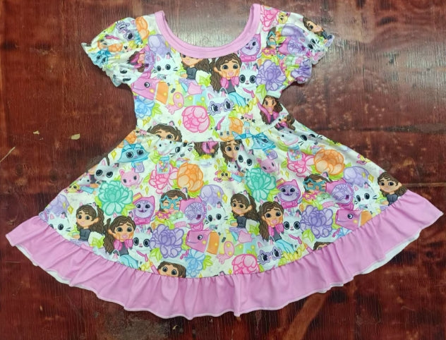 Preorder moq 5 Baby Girls Short Sleeves Cartoon Cats Flowers Knee Length Dresses