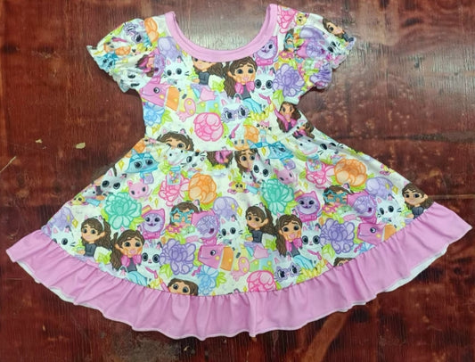 Preorder moq 5 Baby Girls Short Sleeves Cartoon Cats Flowers Knee Length Dresses