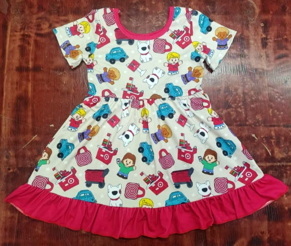 Preorder moq 5 Baby Girls Short Sleeves Dogs Cars Knee Length Dresses
