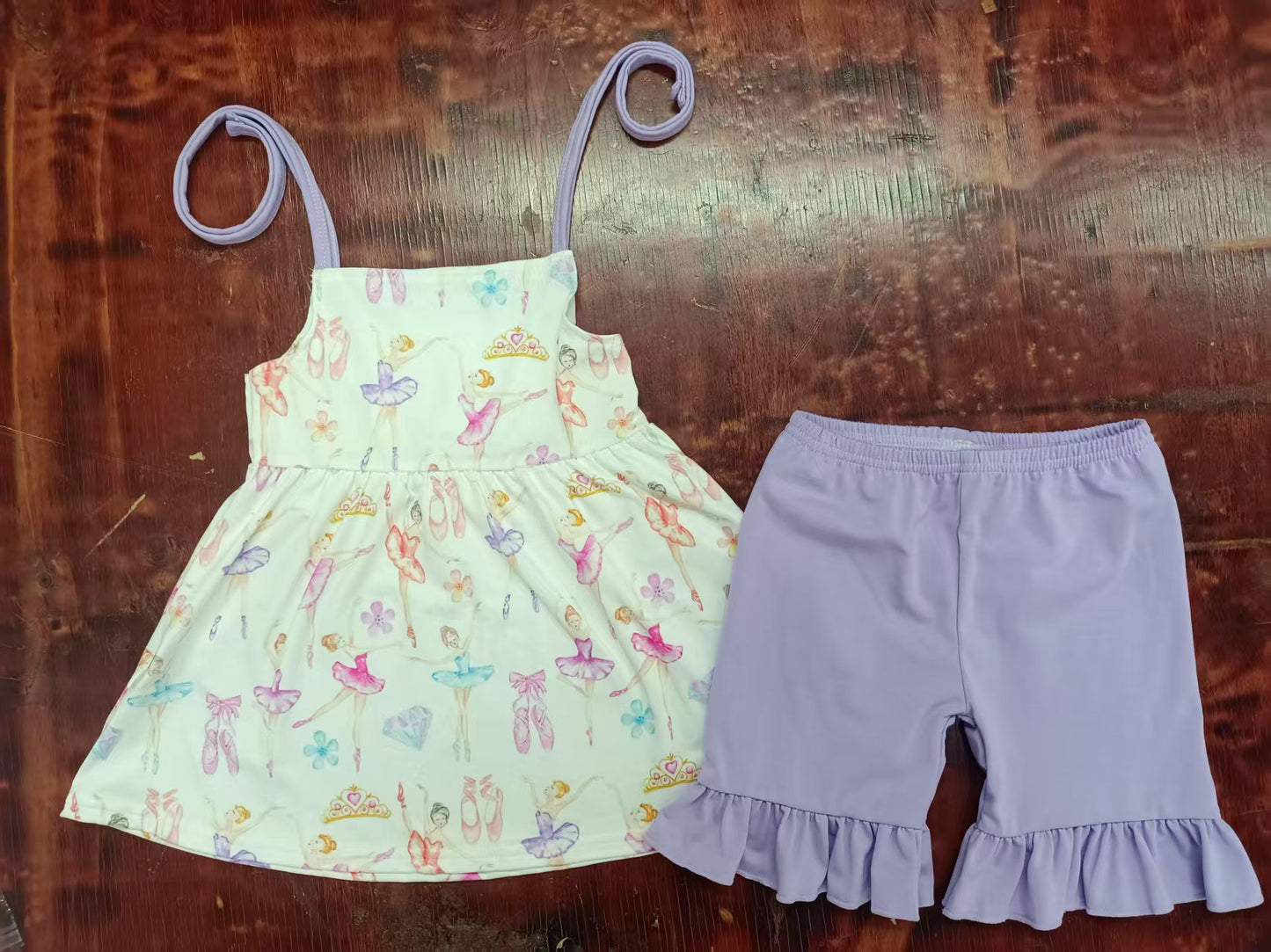Preorder moq 5 Baby Girls Lavender Strap Flowers Dancers Tunic Ruffle Shorts Set