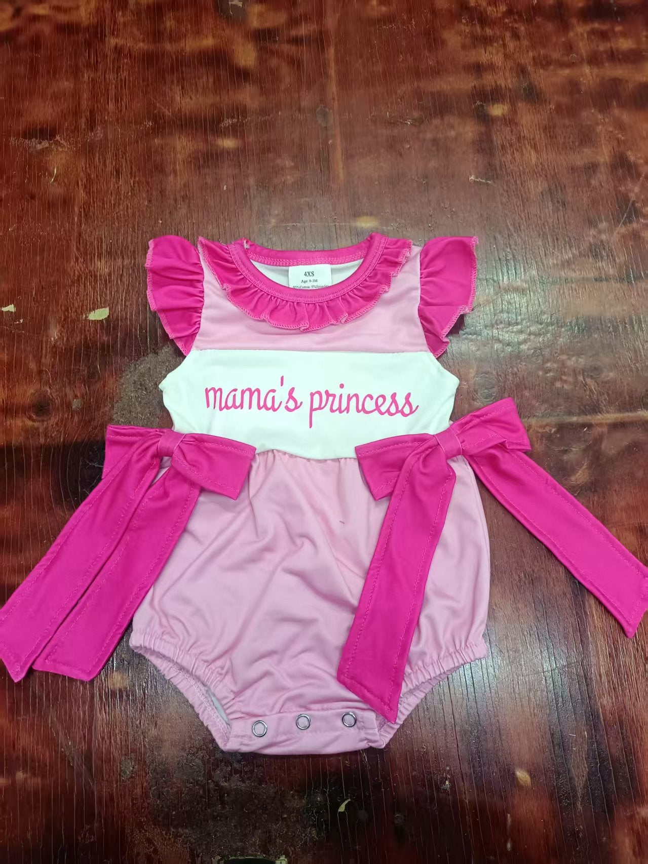 Preorder moq 5 Baby Girls Hot Pink Flutter Sleeves Mama's Princess Bows Ruffle Rompers