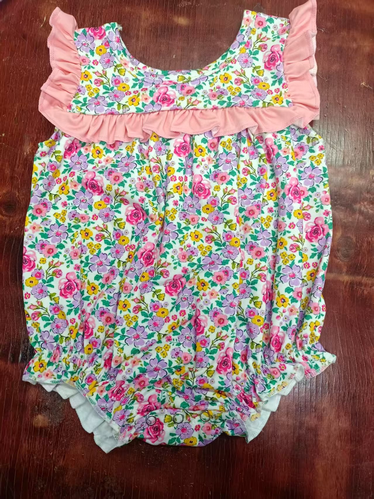 Preorder moq 5 Baby Girls Sleeveless Pink Lavender Floral Ruffle Rompers