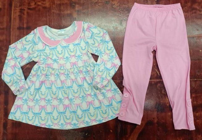 Preorder moq 5 Baby Girls Long Sleeves Bows Flowers Tunic Pink Legging Pant Sets