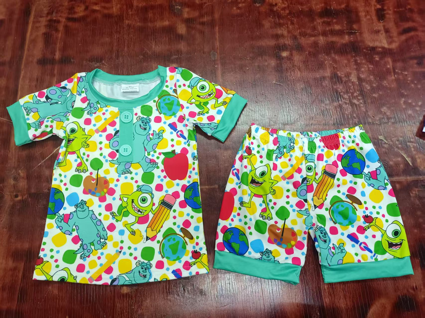 Preorder moq 5 Baby Girls Short Sleeves Button Cartoon Eyes Back To School Top Shorts Pajamas Set