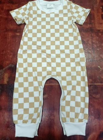 Preorder moq 5 Baby Boys Short Sleeves Khaki Plaid Pant Rompers