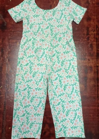 Preorder moq 5 Baby Girls Short Sleeves Green Flowers Pockets Jumpsuits