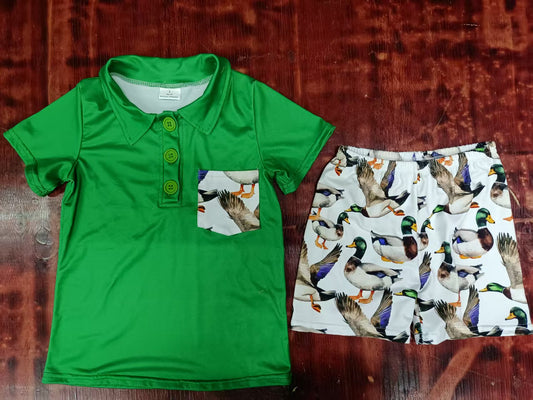 Preorder moq 5 Baby Boys Green Short Sleeves Button Pocket Top Ducks Shorts Set