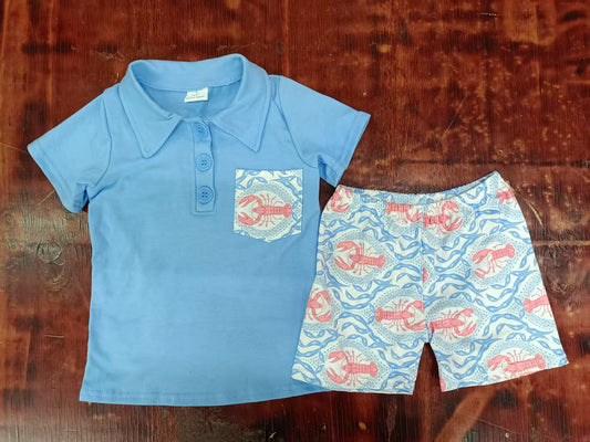 Preorder moq 5 Baby Boys Blue Short Sleeves Button Pocket Top Crayfishes Shorts Set