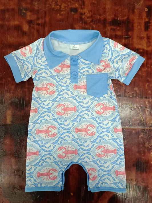 Preorder moq 5 Baby Boys Short Sleeves Crayfishes Button Pocket Rompers