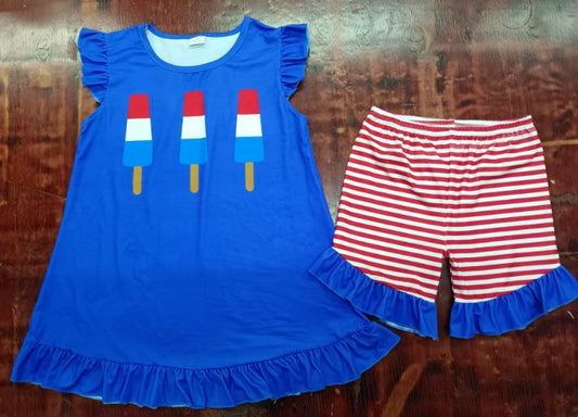 Preorder moq 5 Baby Girls Blue Flutter Sleeves Popsicle Tunic Red Stripe Ruffle Shorts 4th Of July Set